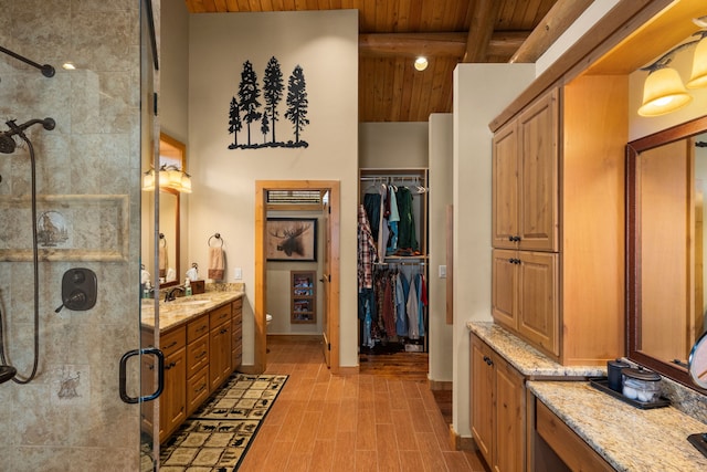 51605 Lake Mary Ronan Rd, Proctor, MT 59929 - full bath featuring wooden ceiling, a stall shower, vanity, a spacious closet, and wood finished floors