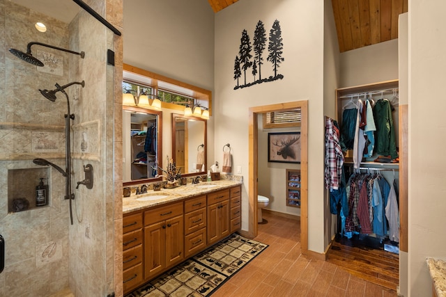 51605 Lake Mary Ronan Rd, Proctor, MT 59929 - bathroom featuring double vanity, tiled shower, a walk in closet, wood finished floors, and high vaulted ceiling