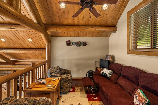 51605 Lake Mary Ronan Rd, Proctor, MT 59929 - living area with a ceiling fan, recessed lighting, wood finished floors, a wood ceiling with exposed beams, and log walls