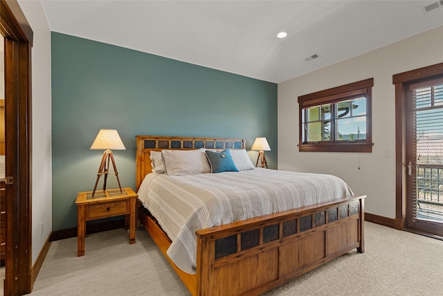 6 Obrien Ave Unit 6, Whitefish, MT 59937 - bedroom with baseboards, access to exterior, light carpet, and recessed lighting