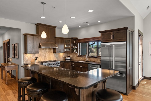 6 Obrien Ave Unit 6, Whitefish, MT 59937 - kitchen with appliances with stainless steel finishes, under cabinet range hood, a sink, light wood-style flooring, and dark brown cabinetry