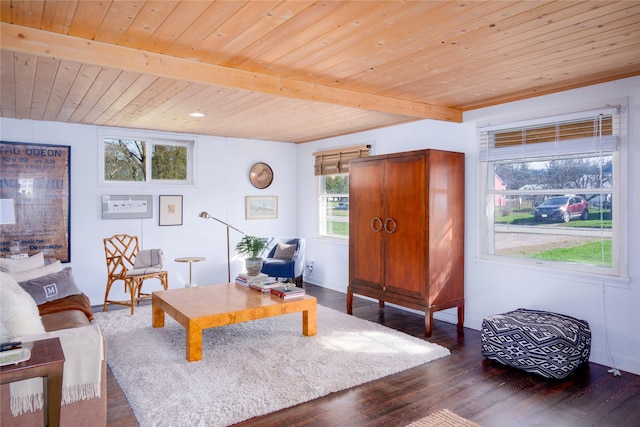 514 W 1st St, Libby, MT 59923 - living room with wood ceiling, dark wood finished floors, beam ceiling, and baseboards