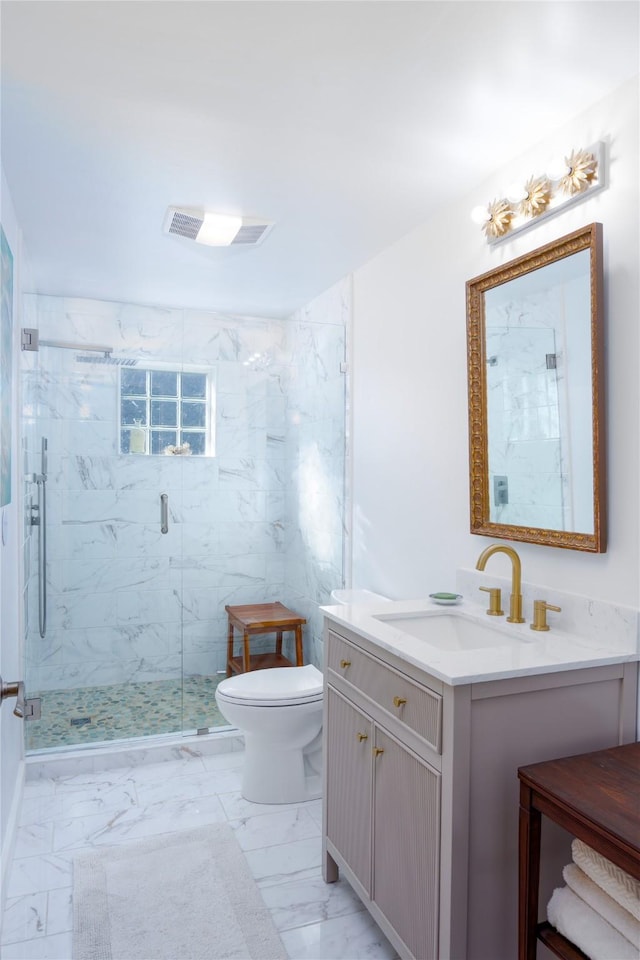 514 W 1st St, Libby, MT 59923 - bathroom featuring marble finish floors, toilet, a marble finish shower, and vanity