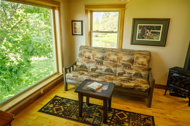 35966 Dublin Gulch Rd, Saint Ignatius, MT 59865 - sitting room featuring a wood stove and wood finished floors