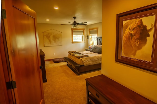 35966 Dublin Gulch Rd, Saint Ignatius, MT 59865 - bedroom with carpet flooring, recessed lighting, baseboards, and a ceiling fan