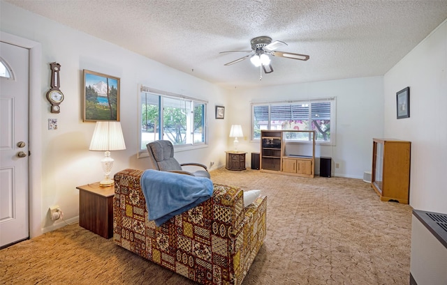 521 Buck St, Stevensville, MT 59870 - carpeted living room featuring healthy amount of natural light, ceiling fan, a textured ceiling, and baseboards
