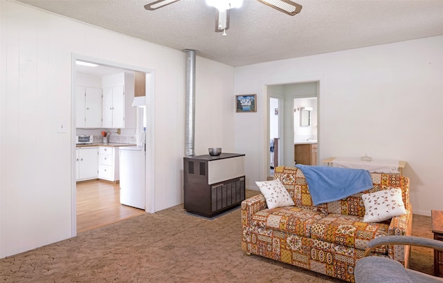 521 Buck St, Stevensville, MT 59870 - living room with ceiling fan, washer / dryer, light carpet, and a textured ceiling