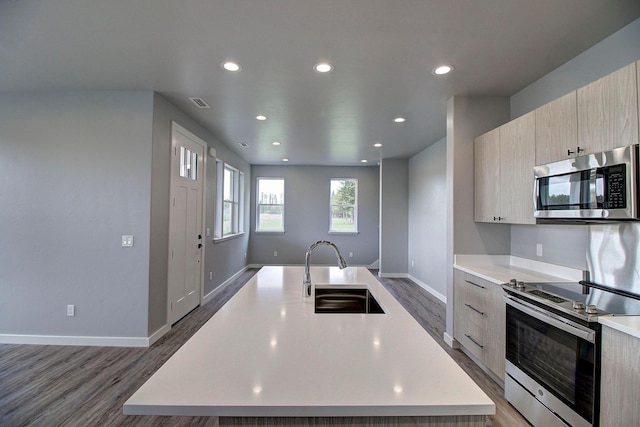 405 Trailview Way, Whitefish, MT 59937 - kitchen featuring stainless steel appliances, a sink, modern cabinets, light wood-type flooring, and recessed lighting