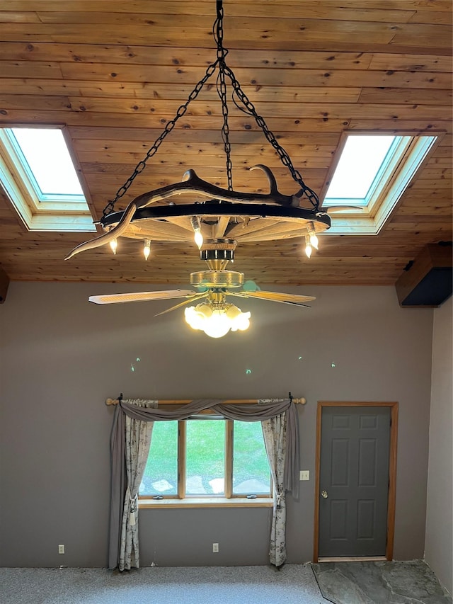 156 Clary Ave W, Geraldine, MT 59446 - detailed view of a skylight, wooden ceiling, a ceiling fan, and carpet flooring