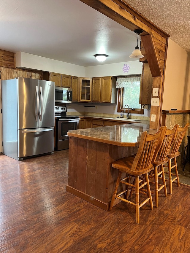 156 Clary Ave W, Geraldine, MT 59446 - kitchen featuring stainless steel appliances, a sink, a peninsula, dark wood-style flooring, and dark countertops