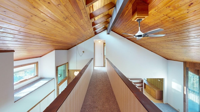 1487 Lion Mountain Dr, Whitefish, MT 59937 - hall with wood ceiling, carpet flooring, and an upstairs landing