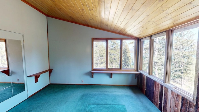 1487 Lion Mountain Dr, Whitefish, MT 59937 - unfurnished sunroom with vaulted ceiling, plenty of natural light, carpet, wooden ceiling, and baseboards