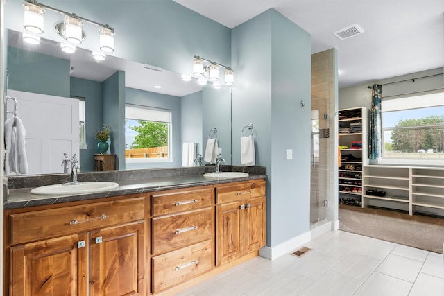 500 Bass Ln, Corvallis, MT 59828 - bathroom featuring a spacious closet, double vanity, and a shower stall