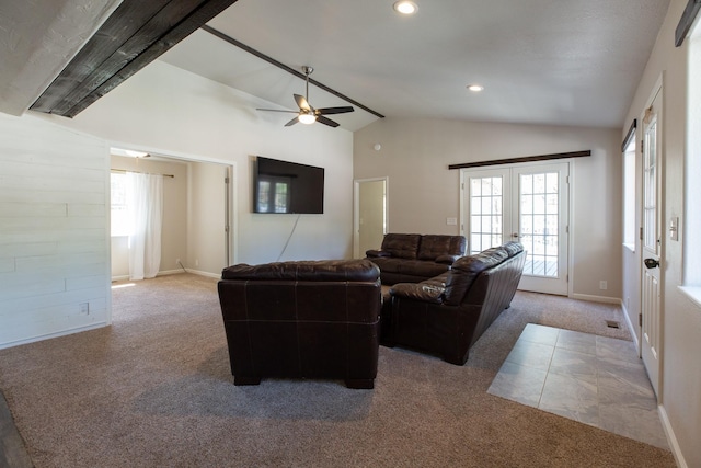 6400 Boondock Ln, Clinton, MT 59825 - living area with carpet, lofted ceiling, a ceiling fan, and recessed lighting
