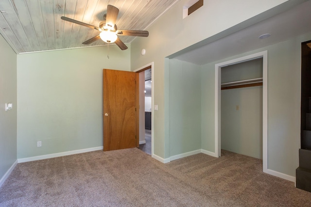 6400 Boondock Ln, Clinton, MT 59825 - unfurnished bedroom with carpet floors, wooden ceiling, lofted ceiling, a closet, and ceiling fan