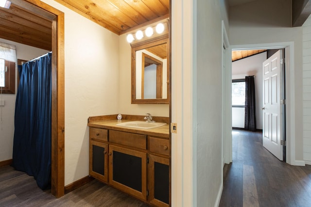 6400 Boondock Ln, Clinton, MT 59825 - full bath featuring wood finished floors, vanity, wood ceiling, and curtained shower