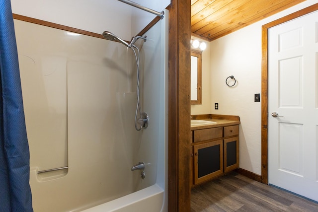 6400 Boondock Ln, Clinton, MT 59825 - bathroom featuring wood finished floors, wood ceiling, shower / bath combo with shower curtain, and vanity