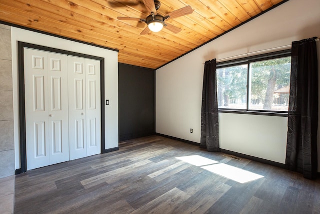 6400 Boondock Ln, Clinton, MT 59825 - unfurnished bedroom featuring vaulted ceiling, wood finished floors, wooden ceiling, and a closet