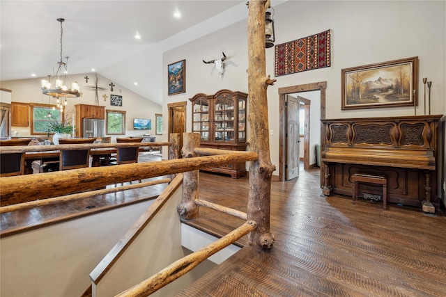 200 Lakeview Ter, Marion, MT 59925 - living room featuring a chandelier, wood finished floors, recessed lighting, and high vaulted ceiling