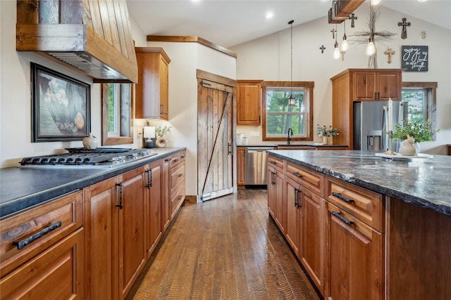 200 Lakeview Ter, Marion, MT 59925 - kitchen featuring premium range hood, appliances with stainless steel finishes, a sink, dark wood-style flooring, and brown cabinets