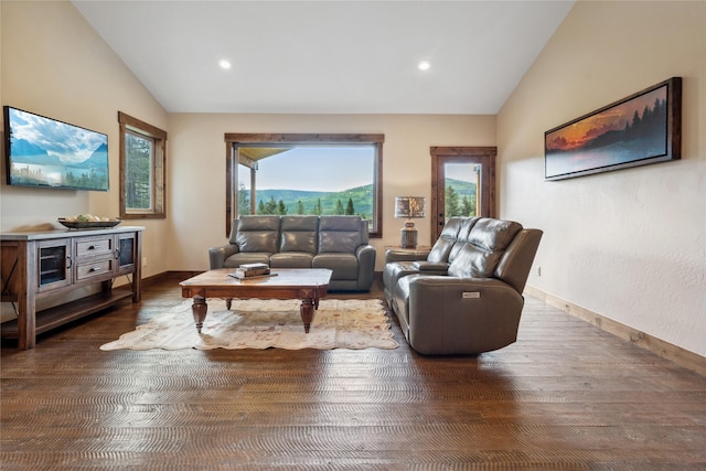 200 Lakeview Ter, Marion, MT 59925 - living room with lofted ceiling, wood finished floors, recessed lighting, and baseboards