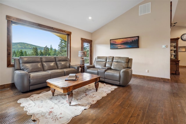 200 Lakeview Ter, Marion, MT 59925 - living area with wood finished floors, baseboards, recessed lighting, and high vaulted ceiling