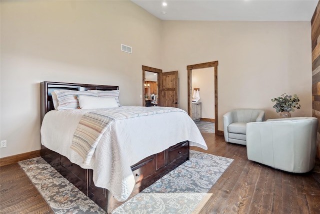 200 Lakeview Ter, Marion, MT 59925 - bedroom featuring baseboards, dark wood finished floors, recessed lighting, and high vaulted ceiling