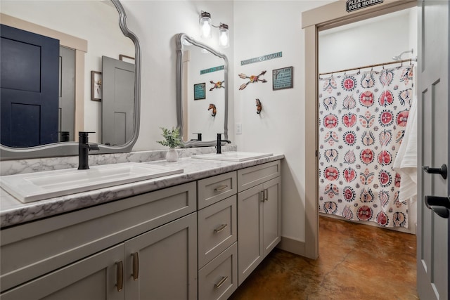 200 Lakeview Ter, Marion, MT 59925 - full bathroom featuring concrete floors, double vanity, and a shower with curtain
