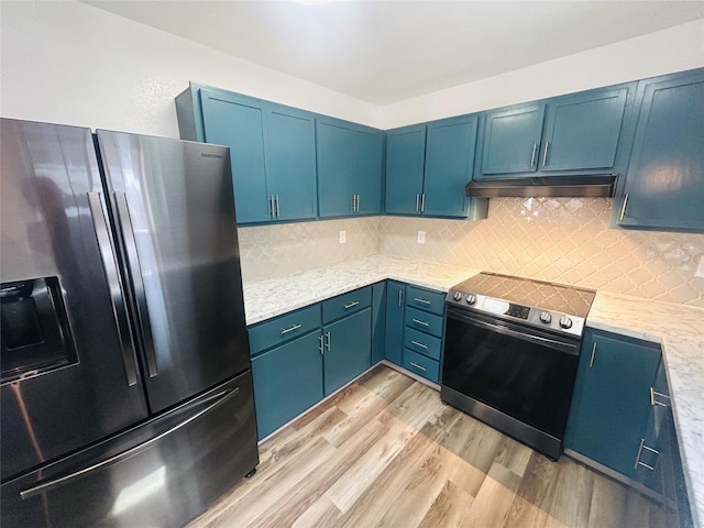 4 Weber Ave, Polson, MT 59860 - kitchen with appliances with stainless steel finishes, under cabinet range hood, light wood finished floors, blue cabinetry, and tasteful backsplash