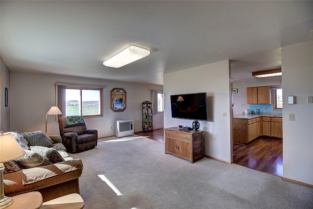 living area with dark colored carpet, plenty of natural light, and baseboards
