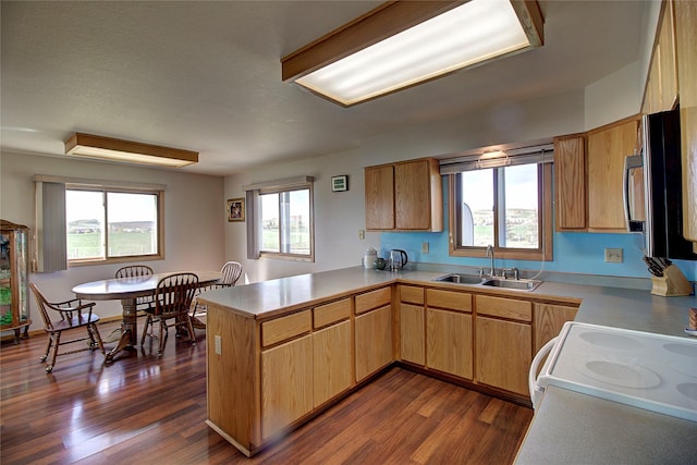 kitchen featuring a sink, a peninsula, white electric stove, dark wood-type flooring, and light countertops