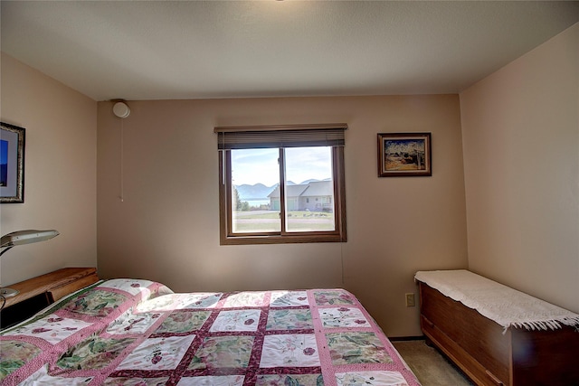 bedroom with light carpet
