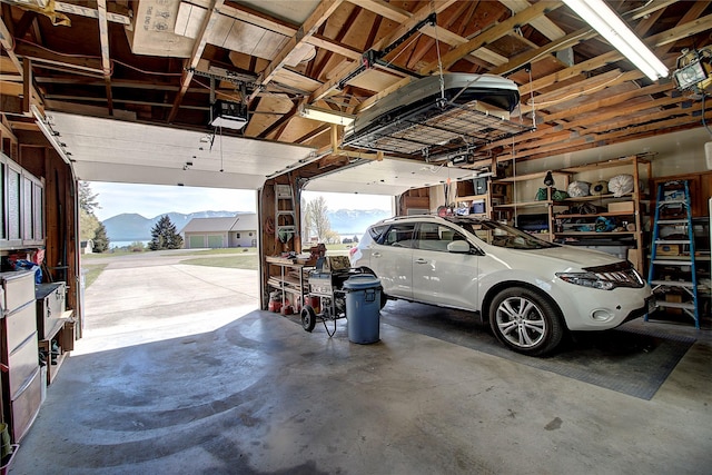 garage with a mountain view and a garage door opener