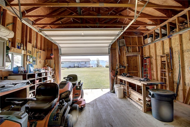 garage with a workshop area