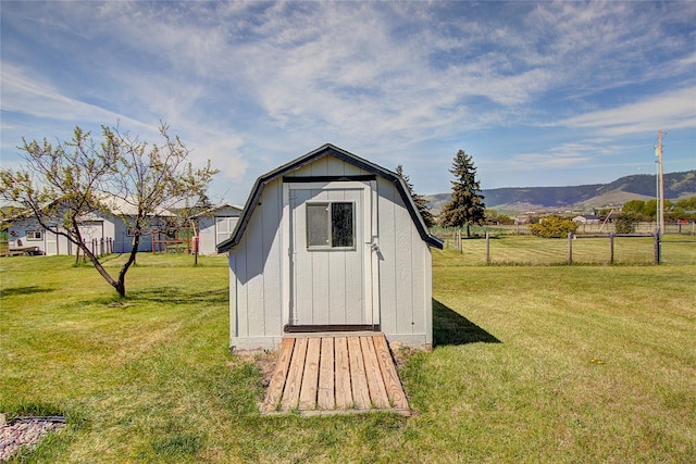 view of shed featuring a mountain view