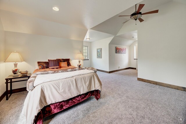 5235 Creekside Ln, Helena, MT 59601 - carpeted bedroom featuring vaulted ceiling, baseboards, a ceiling fan, and recessed lighting