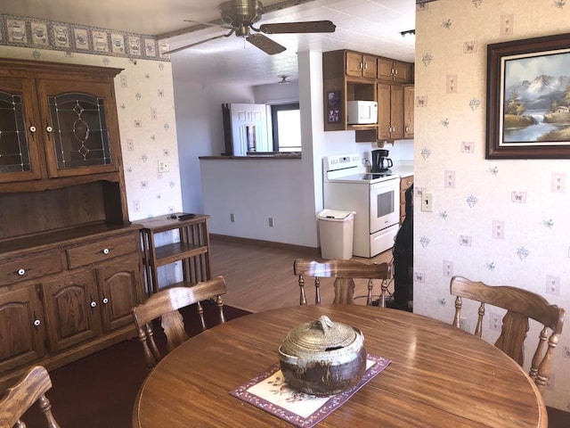 470 Duck Lake Rd, Browning, MT 59417 - dining area with wallpapered walls, a ceiling fan, dark wood-style floors, and baseboards