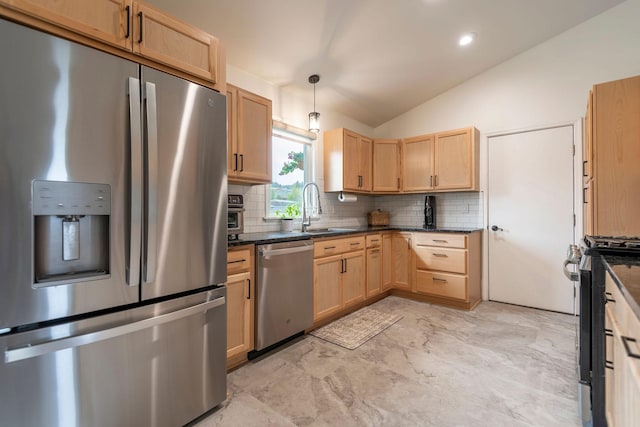 15 Lone Mountain Rd, Clancy, MT 59634 - kitchen with stainless steel appliances, a sink, tasteful backsplash, light brown cabinetry, and vaulted ceiling