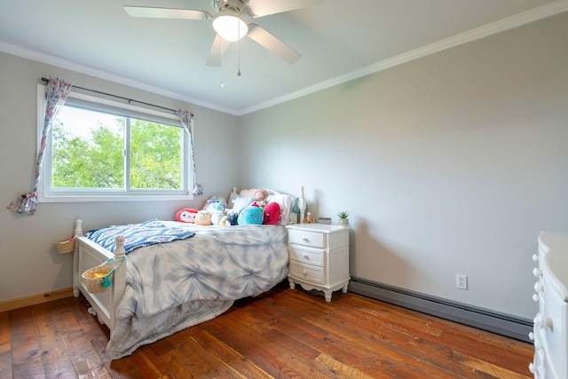 15 Lone Mountain Rd, Clancy, MT 59634 - bedroom featuring a baseboard heating unit, wood-type flooring, ornamental molding, and a ceiling fan