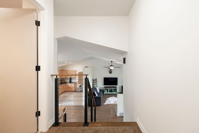 15 Lone Mountain Rd, Clancy, MT 59634 - stairs featuring wood finished floors, a ceiling fan, and lofted ceiling