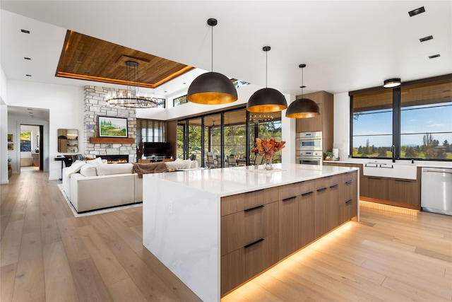 kitchen featuring modern cabinets, a sink, stainless steel appliances, and light wood finished floors