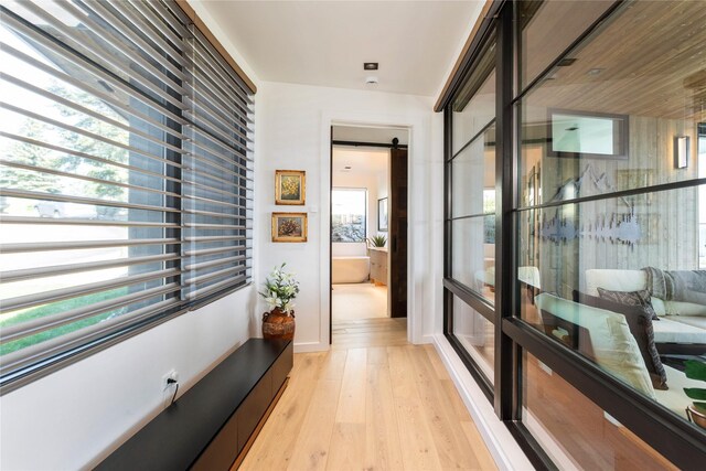 48 Eagle Rock Dr, Bigfork, MT 59911 - hall featuring light wood finished floors and a barn door