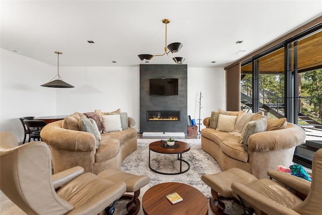living room with a large fireplace