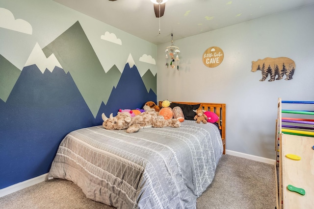 bedroom featuring carpet flooring, baseboards, and a ceiling fan