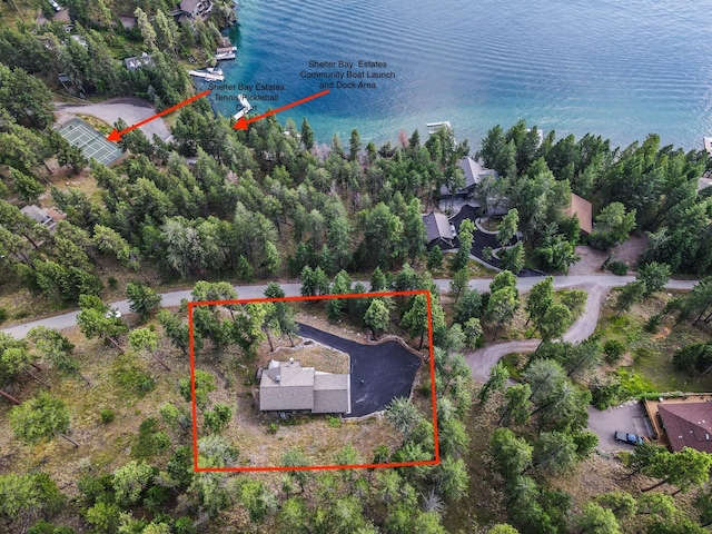 21208 Osprey Loop, Rollins, MT 59931 - aerial view of property and surrounding area featuring property boundaries highlighted and a nearby body of water