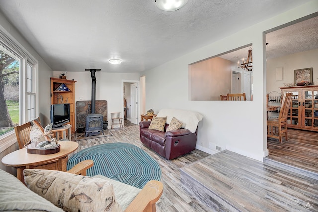 71 Seibold Ln, Cascade, MT 59421 - living area featuring a wood stove, wood finished floors, a chandelier, baseboards, and a textured ceiling