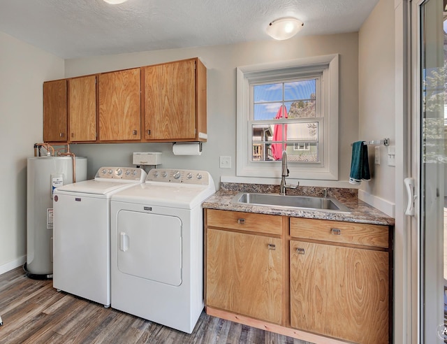 71 Seibold Ln, Cascade, MT 59421 - laundry room featuring water heater, cabinet space, separate washer and dryer, dark wood-style floors, and a textured ceiling