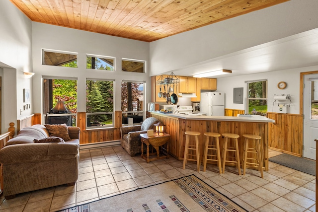 28152 White Swan Ln, Polson, MT 59860 - kitchen with freestanding refrigerator, light tile patterned flooring, wainscoting, a peninsula, and stove
