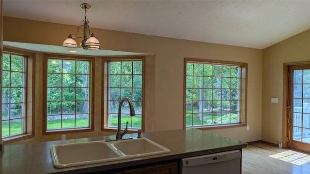 286 Edgewater Dr, Libby, MT 59923 - kitchen with dishwasher, light wood-style floors, a chandelier, and decorative light fixtures