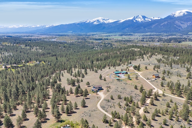aerial view of a mountain backdrop and a heavily wooded area